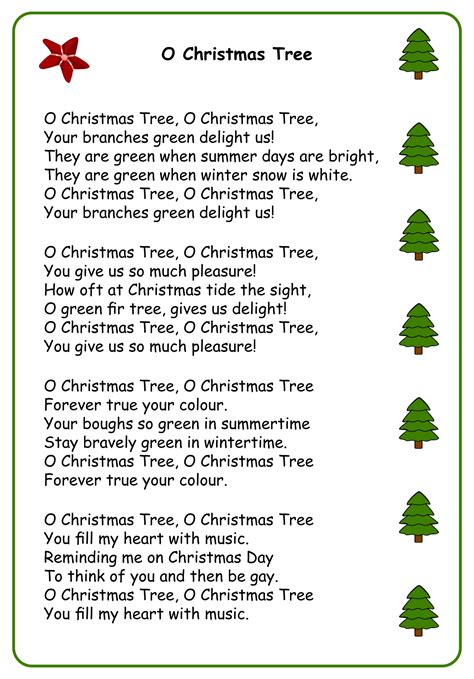 LyricsO Christmas Tree - Lullaby Kids English Songs. Last update on: December 2, 2023. 4 Translations available. spanish. german. french. Choose translation. Lyrics verified by Kids English Songs. The Lyrics for O Christmas Tree - Lullaby by Kids English Songs have been translated into 4 languages.